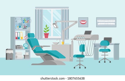 Concept of a dental unit with an adjustable chair, lamp, shelf, sink and window. Medical office in a flat style. Modern interior and equipment in the clinic. Posters on the walls. Vector illustration