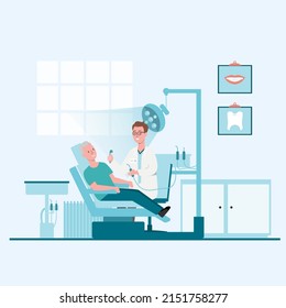 Concept dentist, doctor and nurse standing in hospital room with dental tools, cartoon vector illustration