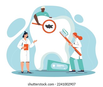 Concept of dentist. Man and women with brushes near large tooth. Caring for health and hygiene of oral cavity, cleanliness metaphor. Poster or banner for website. Cartoon flat vector illustration