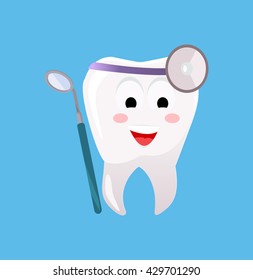 Concept of Dentistry Banner Poster. Cartoon tooth with dental instruments for happy smile design flat style. Medicine stomatology placard with space for text vector illustration