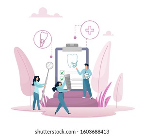 The concept of dentistry and dental prosthetics, a tiny person puts a dental implant. Vector illustration in cartoon style.