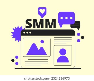 Concept depicting a dialog box with working media features such as sharing media content. It also says SMM, which stands for Social Media Marketing. Vector illustration, graphic element.