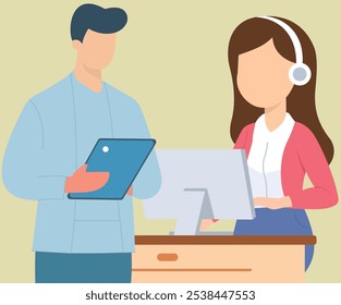 concept depicts a customer service interaction, possibly showing a manager reviewing information with a customer service representative or a customer service representative assisting a customer.