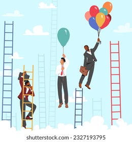 Concept Depicts Male Characters Climbing A Ladder and Soar On Balloons To Gain A Business Advantage, Symbolizing Hard Work And Determination, Rewards And Success. Cartoon People Vector Illustration