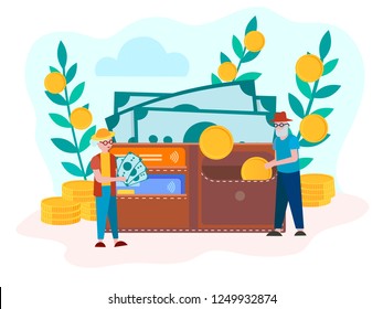 The concept of the Deposit  Accumulation Contribution to the pension account, the Savings of Pensioners. Pensioners put banknotes and coins in the purse, savings in old age. Vector illustration.