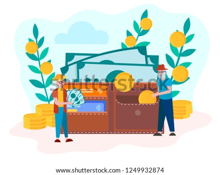 The concept of the Deposit  Accumulation Contribution to the pension account, the Savings of Pensioners. Pensioners put banknotes and coins in the purse, savings in old age. Vector illustration.