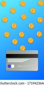 Concept, deposit, depositing money on a bank card, savings account, savings. Vector illustration, coins and bank card. On a light blue background.