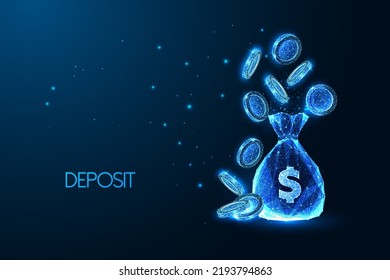 Concept of deposit, financial savings with money bag and flying coins in futuristic glowing style