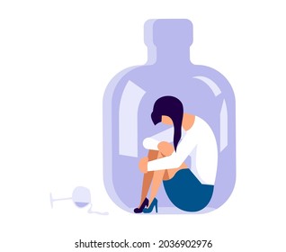 Concept with depressed character is sitting into a alcohol bottle. Woman suffering from hard drinking. Flat Art Vector Illustration