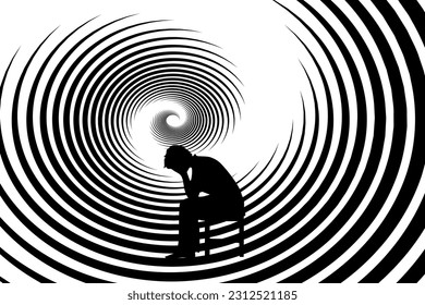 Concept of depression, anxiety, sadness and hopelessness. Silhouette of a person sitting and holding a bowed head, with a swirl of emotions in the background. Vector illustration