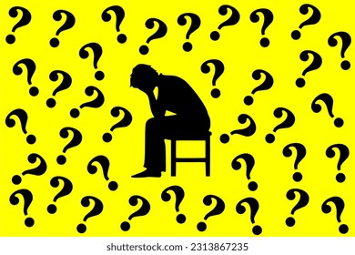 Concept of depression, anxiety, sadness and hopelessness. Silhouette of a person sitting and holding a bowed head, with a bunch of question marks surrounding him. Vector illustration