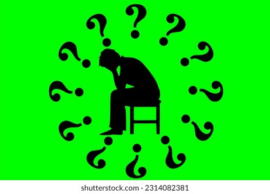Concept of depression, anxiety, sadness and hopelessness. Silhouette of a person sitting and holding a bowed head, with a bunch of question marks surrounding him. Vector illustration