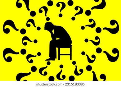 Concept of depression, anxiety, sadness and hopelessness. Silhouette of a person sitting and holding a bowed head, with a bunch of question marks surrounding him. Vector illustration