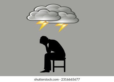 Concept of depression, anxiety, sadness and hopelessness. Silhouette of a person sitting and holding a bowed head, with a dark cloud from which lightning flashes