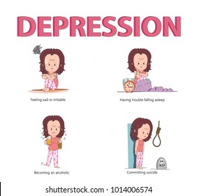 The concept of depression disease causing people to be sad, insomnia, alcoholic, and commit suicide with young girl character in line flat design, illustration, vector