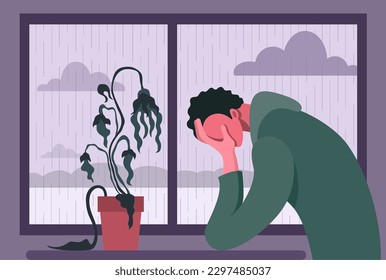 The concept of depression, loneliness. A man in depression, in a depressive state. Bad mood, psychological trauma, illness. Medical assistance of a psychologist, psychotherapist, psychoanalysis.