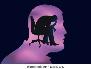 Concepto de depresión con un hombre sentado en la silla de su oficina sosteniendo la cabeza en las manos luego de una quemadura causada por el estrés en el trabajo.