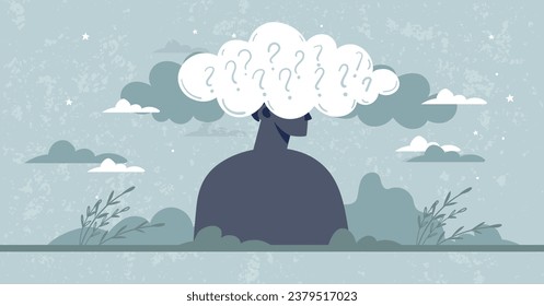 Concept of depression, problems, trauma. Silhouette of a gloomy man against the backdrop of a sad landscape. Illustration about psychological help, midlife crisis. Vector banner about bad mood, proble