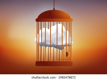 Concept of deprivation of freedom to think, with a dream symbol cloud, locked in a cage.