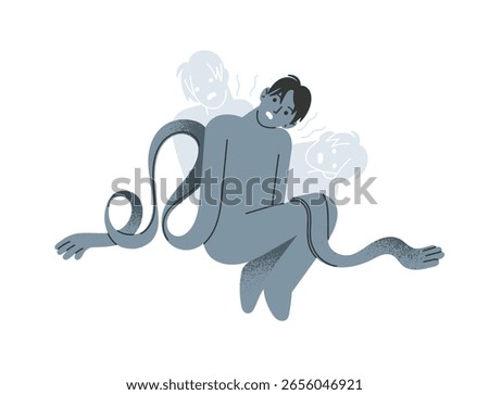 Concept of derealization or dissociation. Exhausted person suffers from apathy, depression. Man with mental disorder, problems with psychological health. Flat isolated vector illustration on white