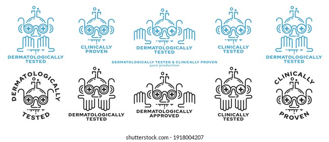 Concept - Dermatologically tested and clinically proven. The flask-scientist with glasses with medical crosses is a symbol of dermatological research. Vector	

