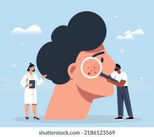 Concept of dermatology. Man with magnifying glass and woman examine skin of young guy. Fight acne and wrinkles. Cosmetics and procedures, scientific research. Cartoon flat vector illustration