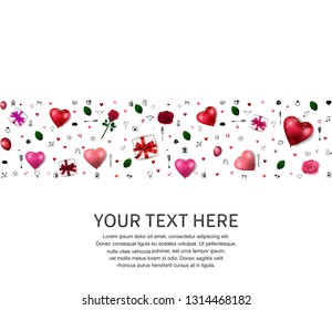 concept design with border  from gift box, heart balloons, rose, love icons on white background