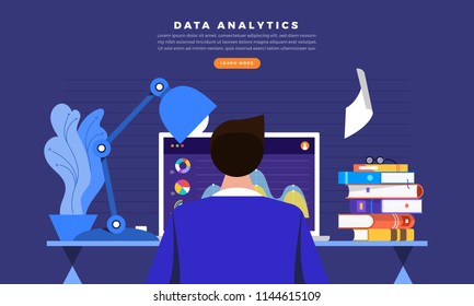 Concept design businessman analysis data on working desk look inside monitor with graph chart. Vector illustrations.