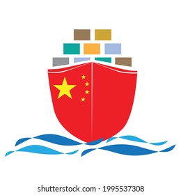 Concept design cargo ship with China flag. Commercial vessel containers freight import and export maritime logistic. Vector illustration design