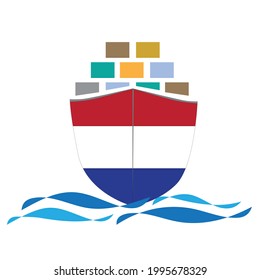 Concept design cargo ship with Netherlands flag. Commercial vessel containers freight import and export maritime logistic. Vector illustration design