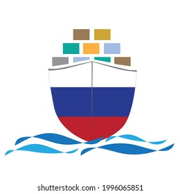 Concept design cargo ship with Russia flag. Commercial vessel containers freight import and export maritime logistic. Vector illustration design