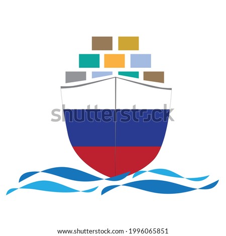 Concept design cargo ship with Russia flag. Commercial vessel containers freight import and export maritime logistic. Vector illustration design