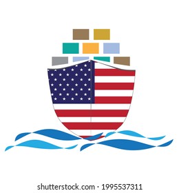 Concept design cargo ship with USA flag. Commercial vessel containers freight import and export maritime logistic. Vector illustration design