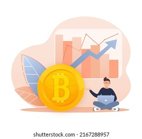 For concept design. Cartoon illustration of bitcoin growth. Bitcoin exchange. Crypto currency concept