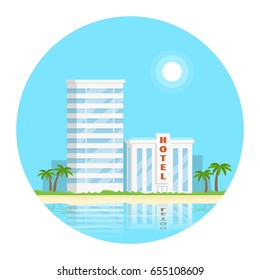 Diseño de la composición del círculo con hotel en la playa. Concepto de perfil de la playa. Vacaciones de verano. Ilustración vectorial en estilo plano.