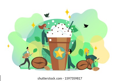 Concept design of coffee shop. Small people and large cup of coffee