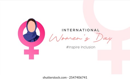 Konzept Design zum Gedenken an den internationalen Frauentag, inspirierende Inklusion. Das Design zeigt Illustrationen von Frauen, die Hijabs und weibliche Geschlechtersymbole tragen