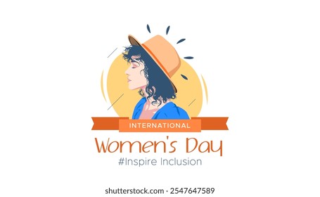 Konzept Design zum Gedenken an den internationalen Frauentag, inspirierende Inklusion. Das Design zeigt eine Illustration einer Frau, die einen Hut trägt, der seitlich auf weißem Hintergrund aussieht