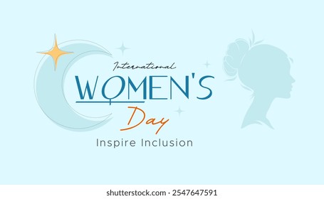 Konzept Design zum Gedenken an den internationalen Frauentag, inspirierende Inklusion. Das Design zeigt eine Illustration der Silhouette einer Frau, die seitlich schaut, und einen Halbmond und Sterne