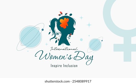 Concept design commemorating international women's day, March 8. Inspiring inclusion. design features an illustration of a woman's silhouette looking sideways, planets, stars and female gender symbols