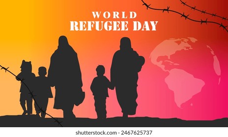 concept design commemorating world refugee day. migrating or fleeing an area due to war, crime, violent behavior. Silhouettes of people migrating