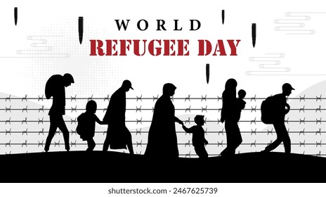 concept design commemorating world refugee day. migrating or fleeing an area due to war, crime, violent behavior. Silhouettes of people migrating