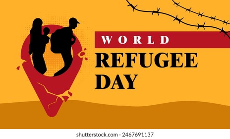 concept design commemorating world refugee day. migrating or fleeing an area due to war, crime, violent behavior. Silhouettes of people migrating