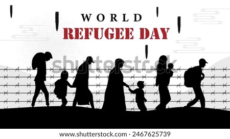 concept design commemorating world refugee day. migrating or fleeing an area due to war, crime, violent behavior. Silhouettes of people migrating