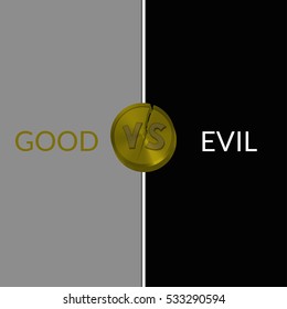 Concept design confrontation or contest background. Cracked golden coin. Good versus Evil. Gray and black luxury background.  Vector illustration. EPS10.