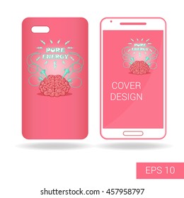 Concept design cover mobile smartphone with funny human brain and electric lightning in cartoon style isolated on white background. Vector illustration