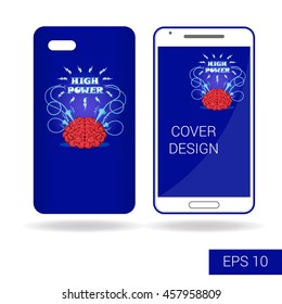 Concept design cover mobile smartphone with funny human brain and electric lightning in cartoon style isolated on white background. Vector illustration