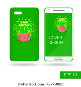 Concept design cover mobile smartphone with funny human brain and electric lightning in cartoon style isolated on white background. Vector illustration