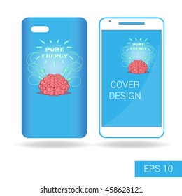 Concept design cover mobile smartphone with funny human brain and electric lightning cartoon style isolated on white background. Vector illustration