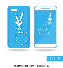 Concept design cover mobile smartphone with dancing funny rabbit skeleton in cartoon style isolated on white background. Vector illustration